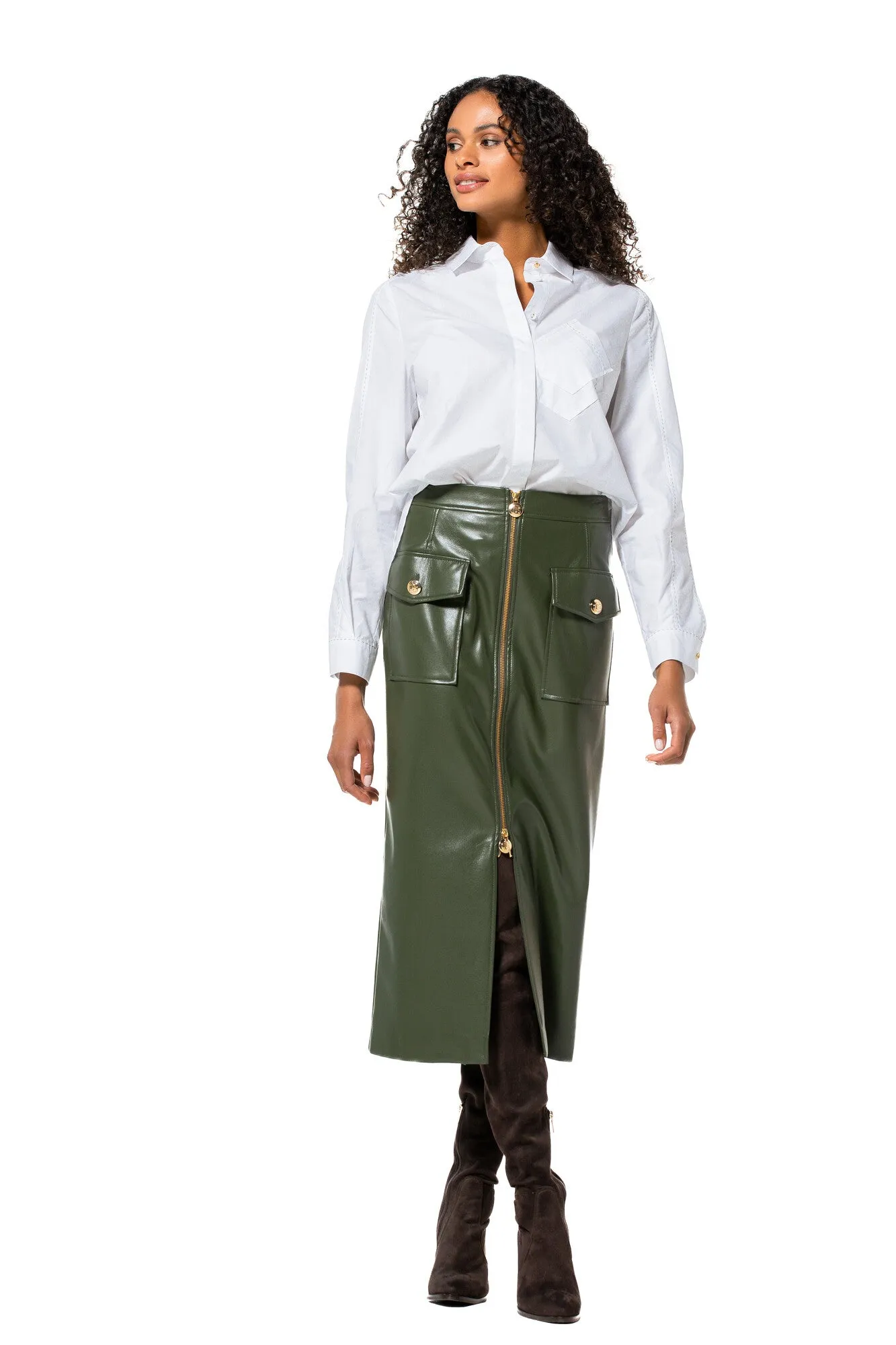 Caroline Biss GREEN STRAIGHT-FITTING ECO-LEATHER SKIRT