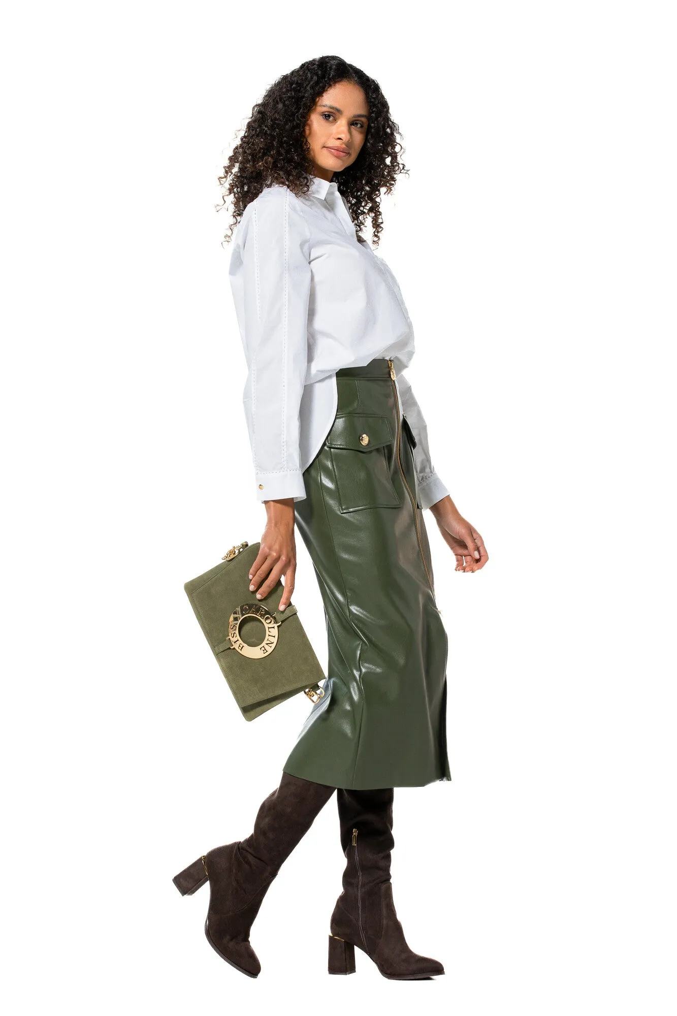 Caroline Biss GREEN STRAIGHT-FITTING ECO-LEATHER SKIRT