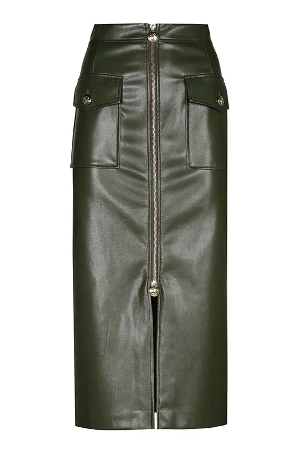 Caroline Biss GREEN STRAIGHT-FITTING ECO-LEATHER SKIRT