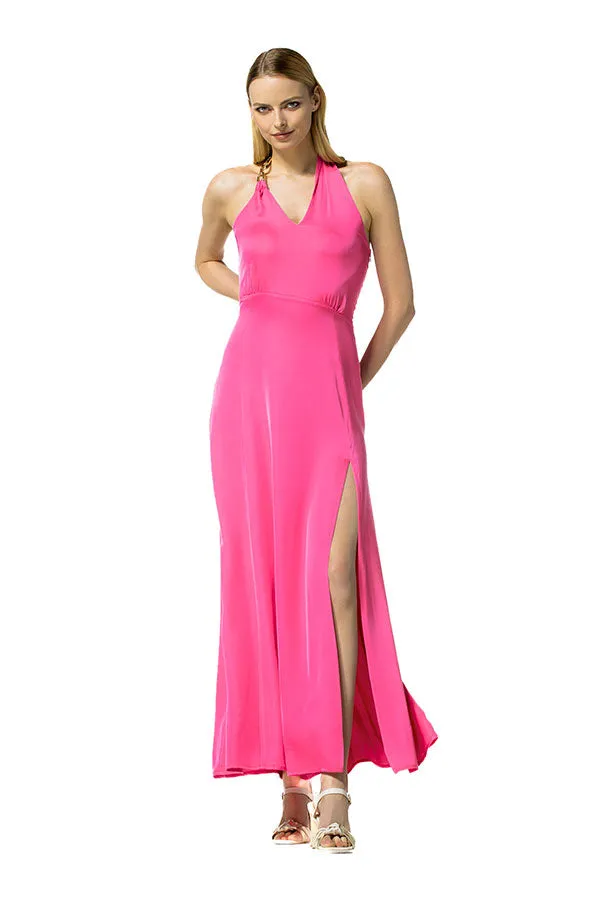 Caroline Biss HOT PINK HALTERNECK SHINY MIDI DRESS