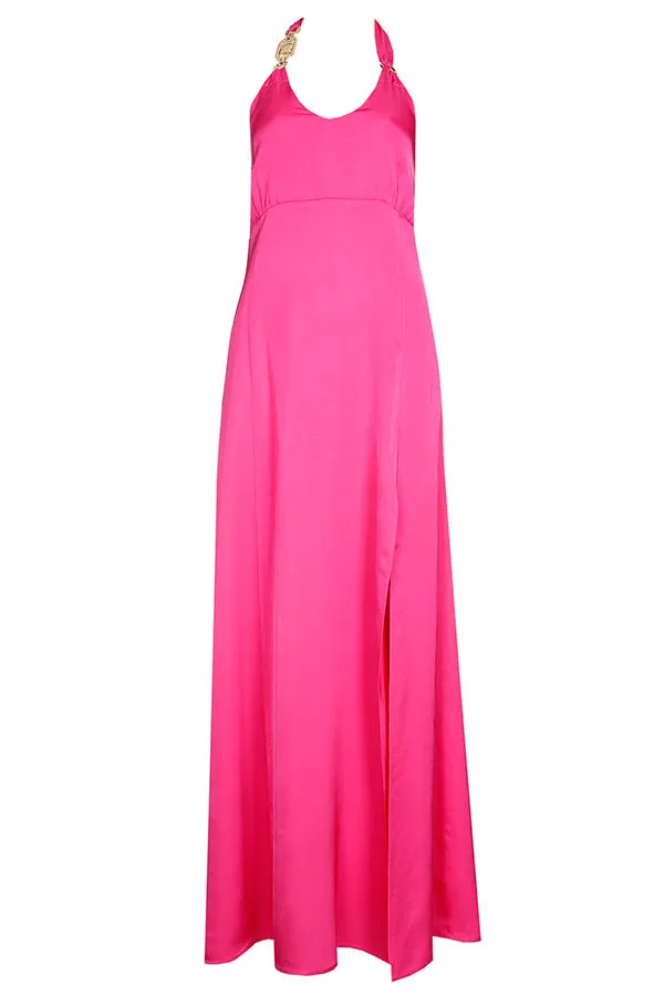 Caroline Biss HOT PINK HALTERNECK SHINY MIDI DRESS