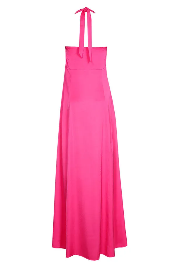 Caroline Biss HOT PINK HALTERNECK SHINY MIDI DRESS