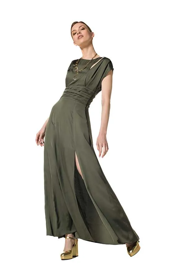 Caroline Biss KHAKI SHINY VISCOSE MAXI DRESS