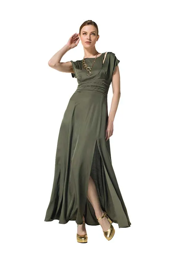 Caroline Biss KHAKI SHINY VISCOSE MAXI DRESS