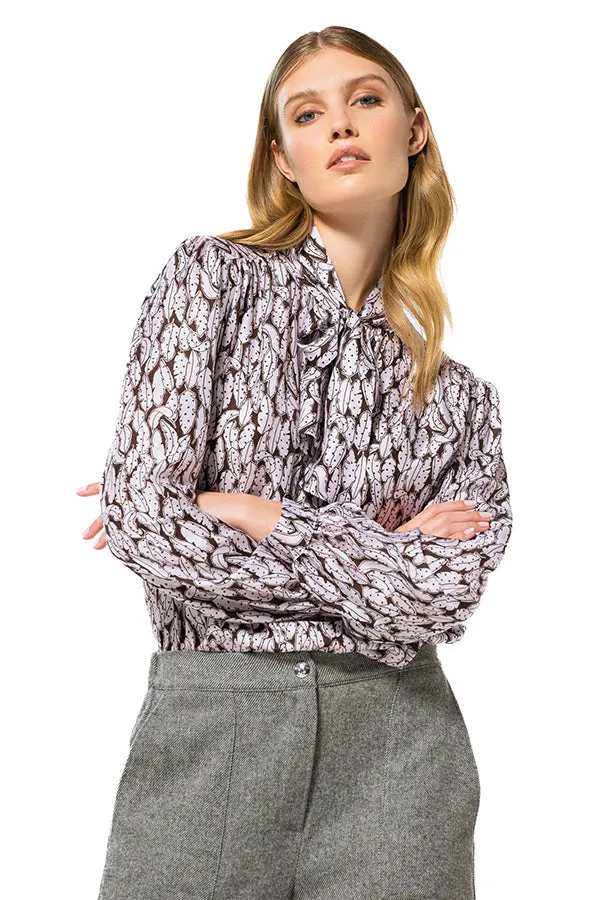 Caroline Biss LEAF PRINTED LOOSE FLOUNCED BOW BLOUSE