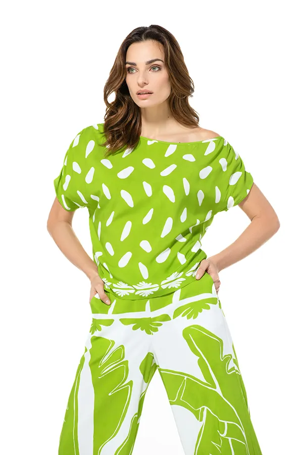 Caroline Biss LIME GREEN PRINT LOOSE OFF-SHOULDER TOP