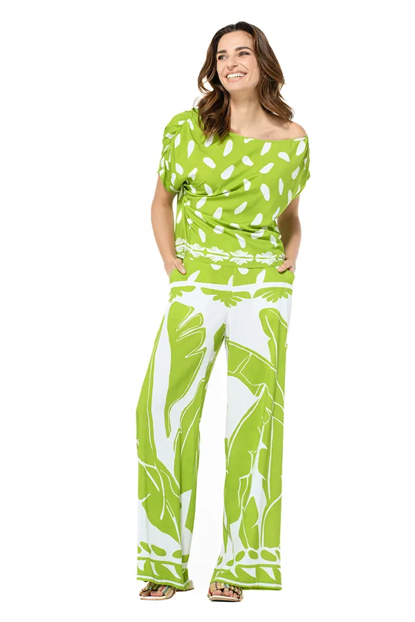 Caroline Biss LIME GREEN PRINT LOOSE OFF-SHOULDER TOP