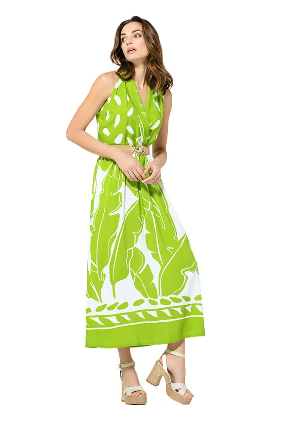 Caroline Biss LIME GREEN PRINT LOOSE SHINY DRESS