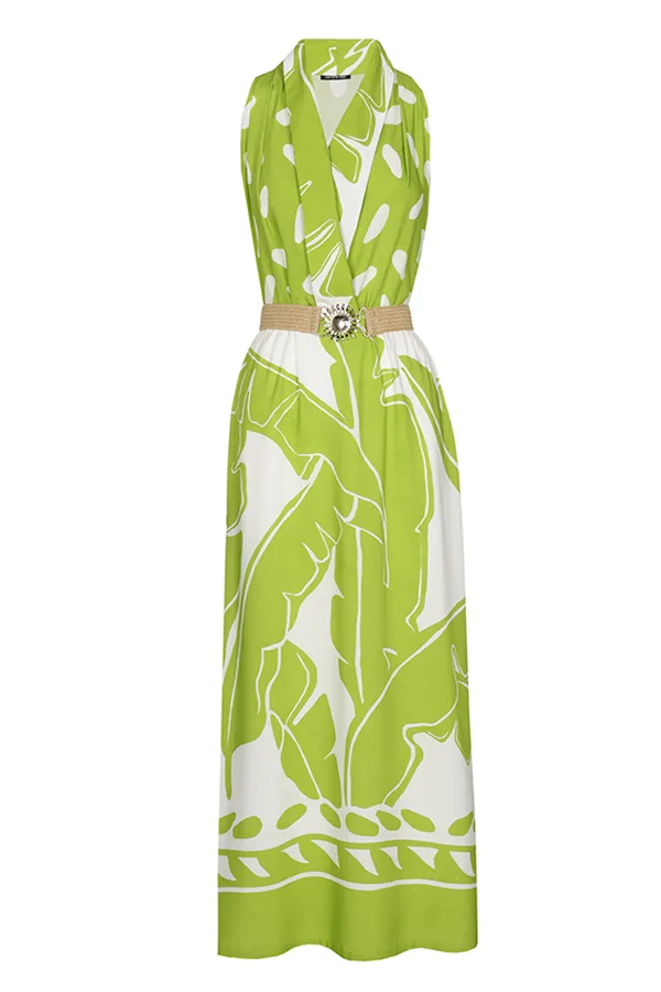 Caroline Biss LIME GREEN PRINT LOOSE SHINY DRESS