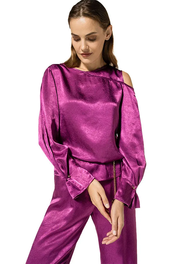 Caroline Biss MAGENTA PLEATED CUFFS SHINY TOP