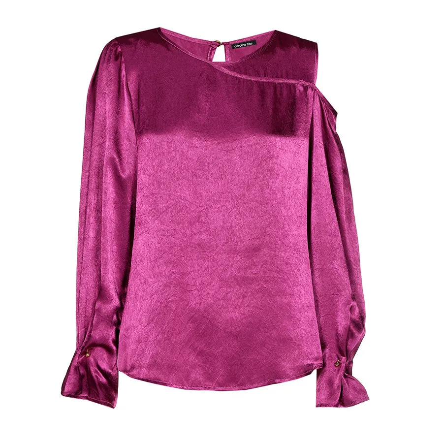 Caroline Biss MAGENTA PLEATED CUFFS SHINY TOP