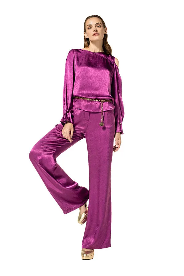 Caroline Biss MAGENTA PLEATED CUFFS SHINY TOP