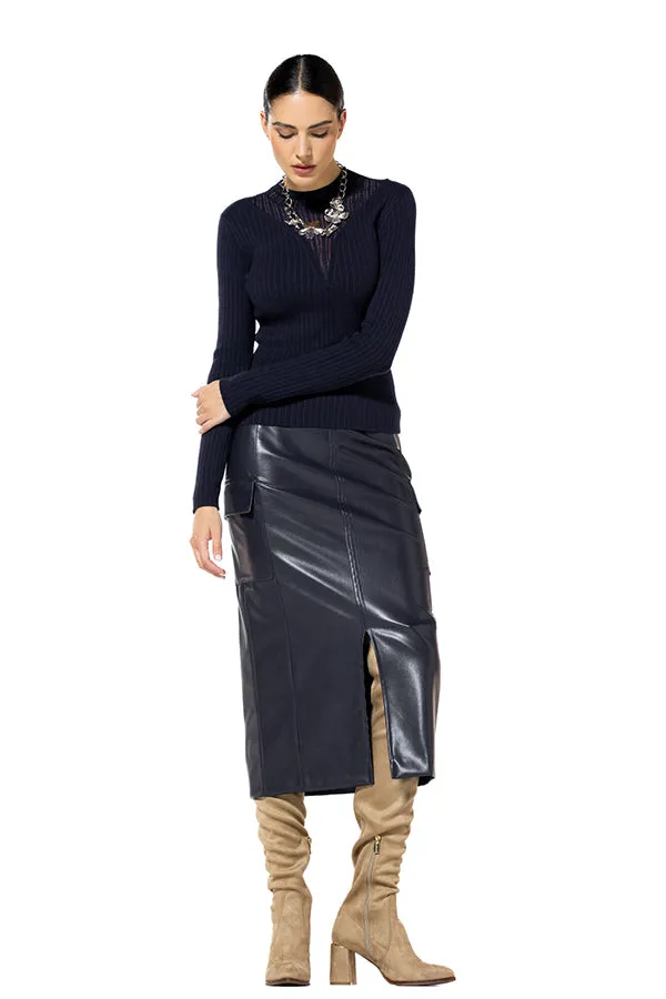 Caroline Biss NAVY ECO LEATHER MIDI SKIRT