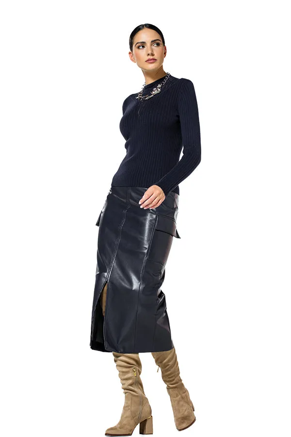 Caroline Biss NAVY ECO LEATHER MIDI SKIRT