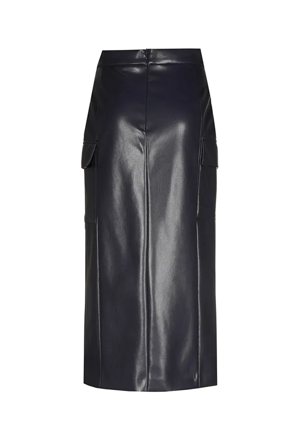 Caroline Biss NAVY ECO LEATHER MIDI SKIRT