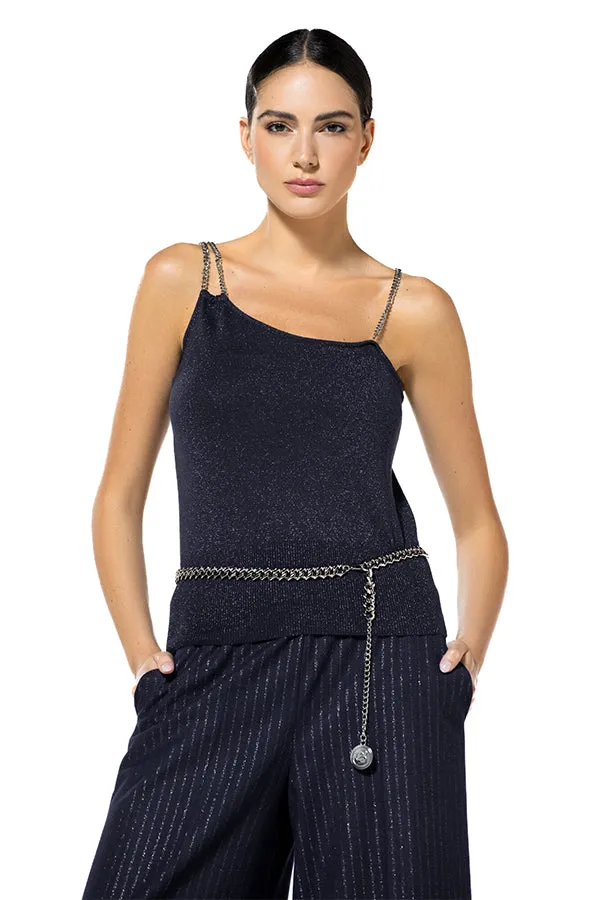 Caroline Biss NIGHT BLUE FITTED LUREX JERSEY CHAIN STRAP TOP