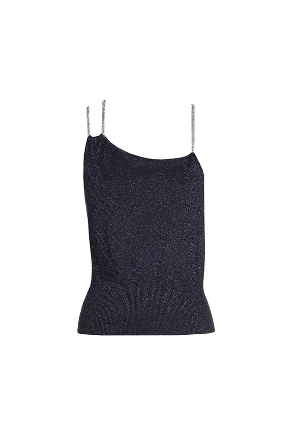 Caroline Biss NIGHT BLUE FITTED LUREX JERSEY CHAIN STRAP TOP