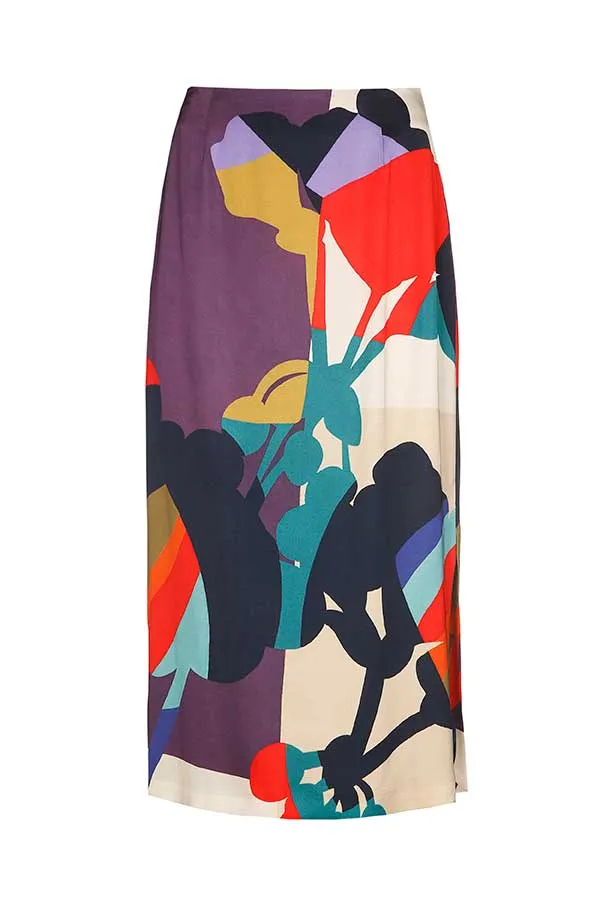 Caroline Biss PURPLE PRINT SHINY VISCOSE STRAIGHT MIDI SKIRT