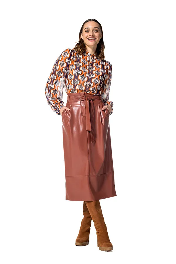 Caroline Biss SEMI-SHEER BROWN GEOMETRIC PRINT LOOSE BLOUSE