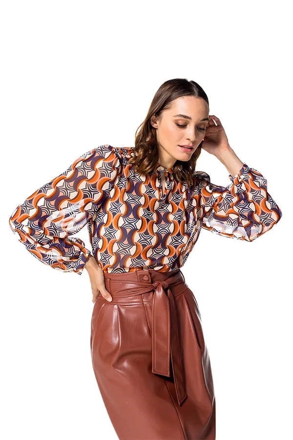 Caroline Biss SEMI-SHEER BROWN GEOMETRIC PRINT LOOSE BLOUSE