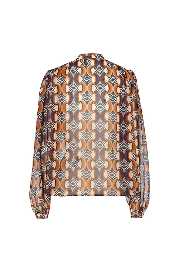 Caroline Biss SEMI-SHEER BROWN GEOMETRIC PRINT LOOSE BLOUSE