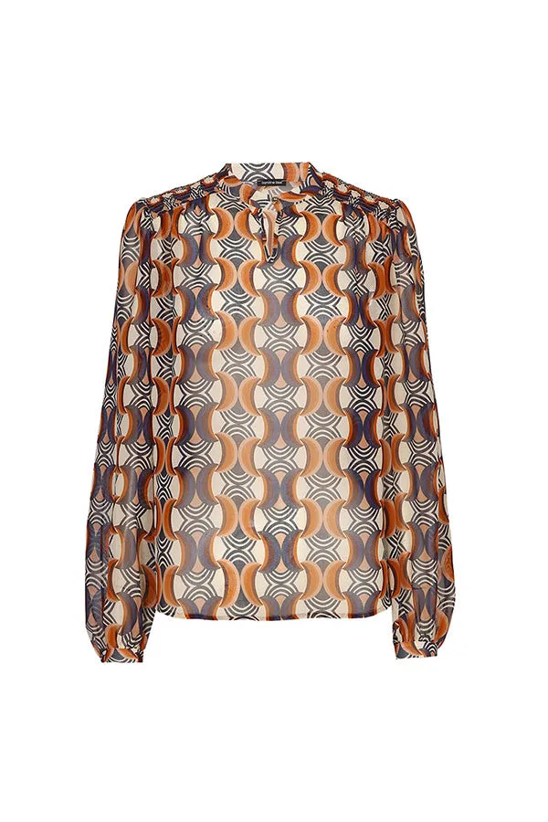 Caroline Biss SEMI-SHEER BROWN GEOMETRIC PRINT LOOSE BLOUSE