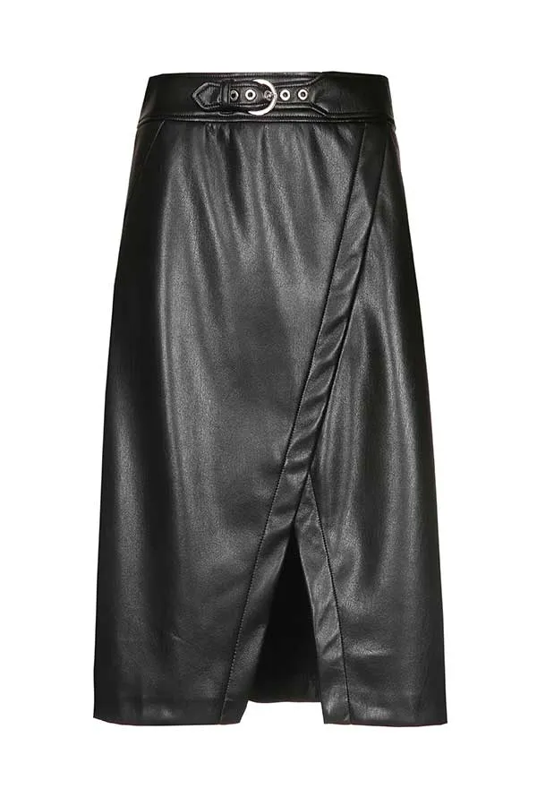 Caroline Biss SHINY FAUX LEATHER ASYMMETRICAL STRAIGHT SKIRT