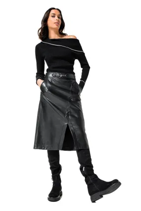 Caroline Biss SHINY FAUX LEATHER ASYMMETRICAL STRAIGHT SKIRT