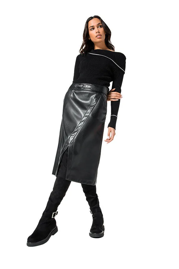 Caroline Biss SHINY FAUX LEATHER ASYMMETRICAL STRAIGHT SKIRT