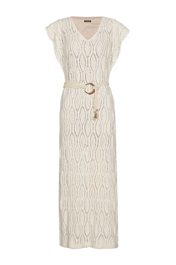 Caroline Biss VANILLA CROCHET STRAIGHT MIDI DRESS