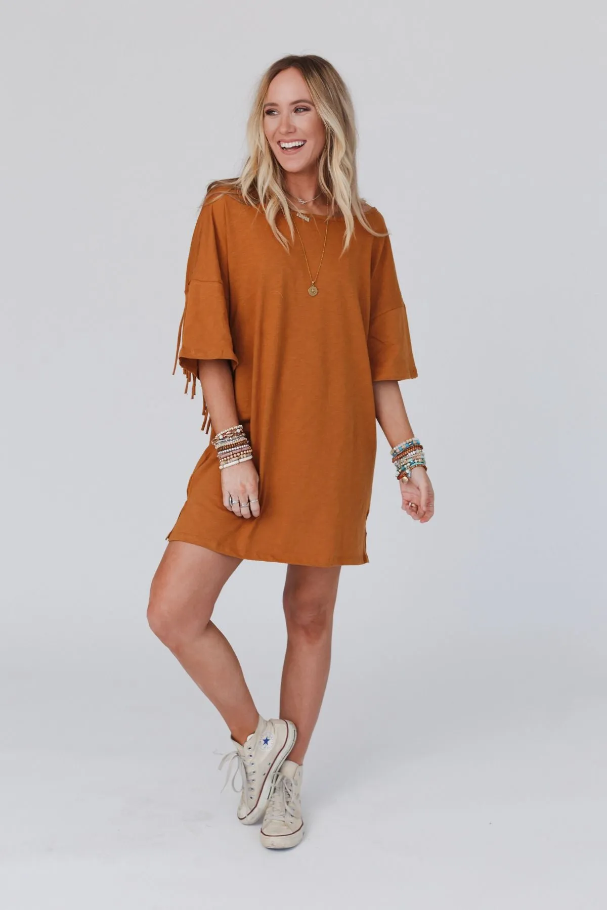 Comfy Fringe Tee Dress - Camel