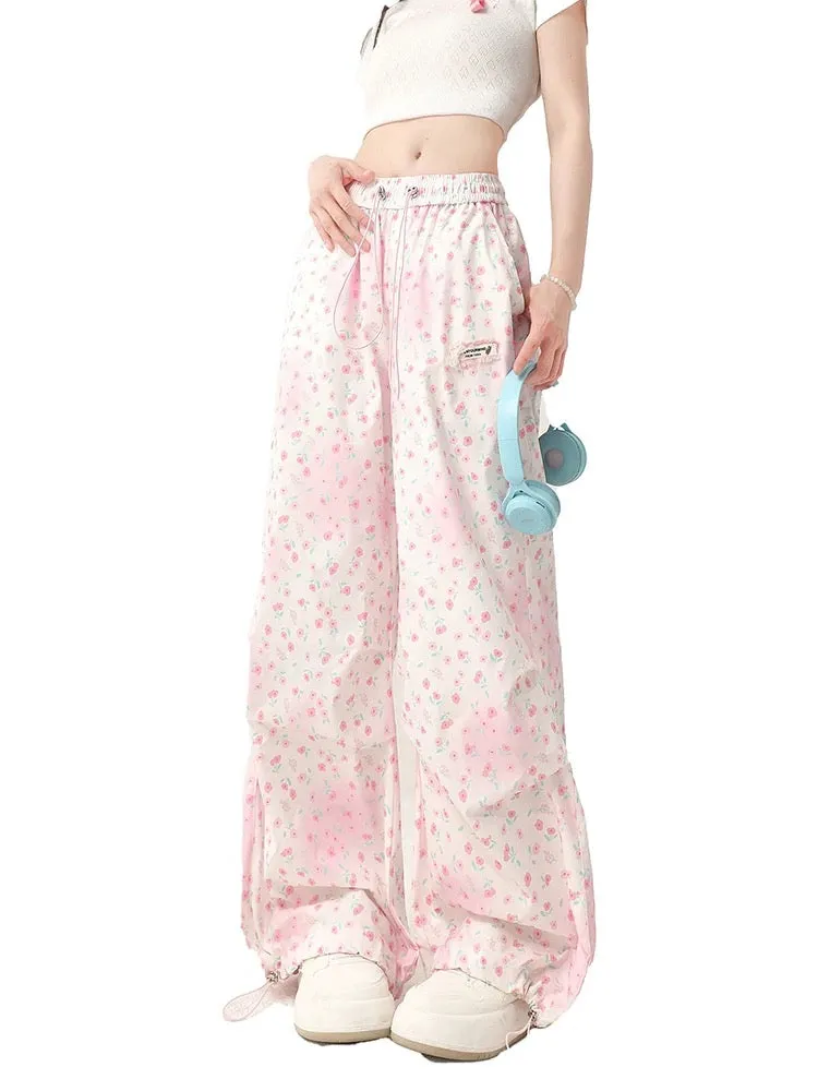 Dopamine Wear Pink Floral Overalls Women's Summer Thin Casual Straight Loose Wide Leg Quick-drying Long Pants