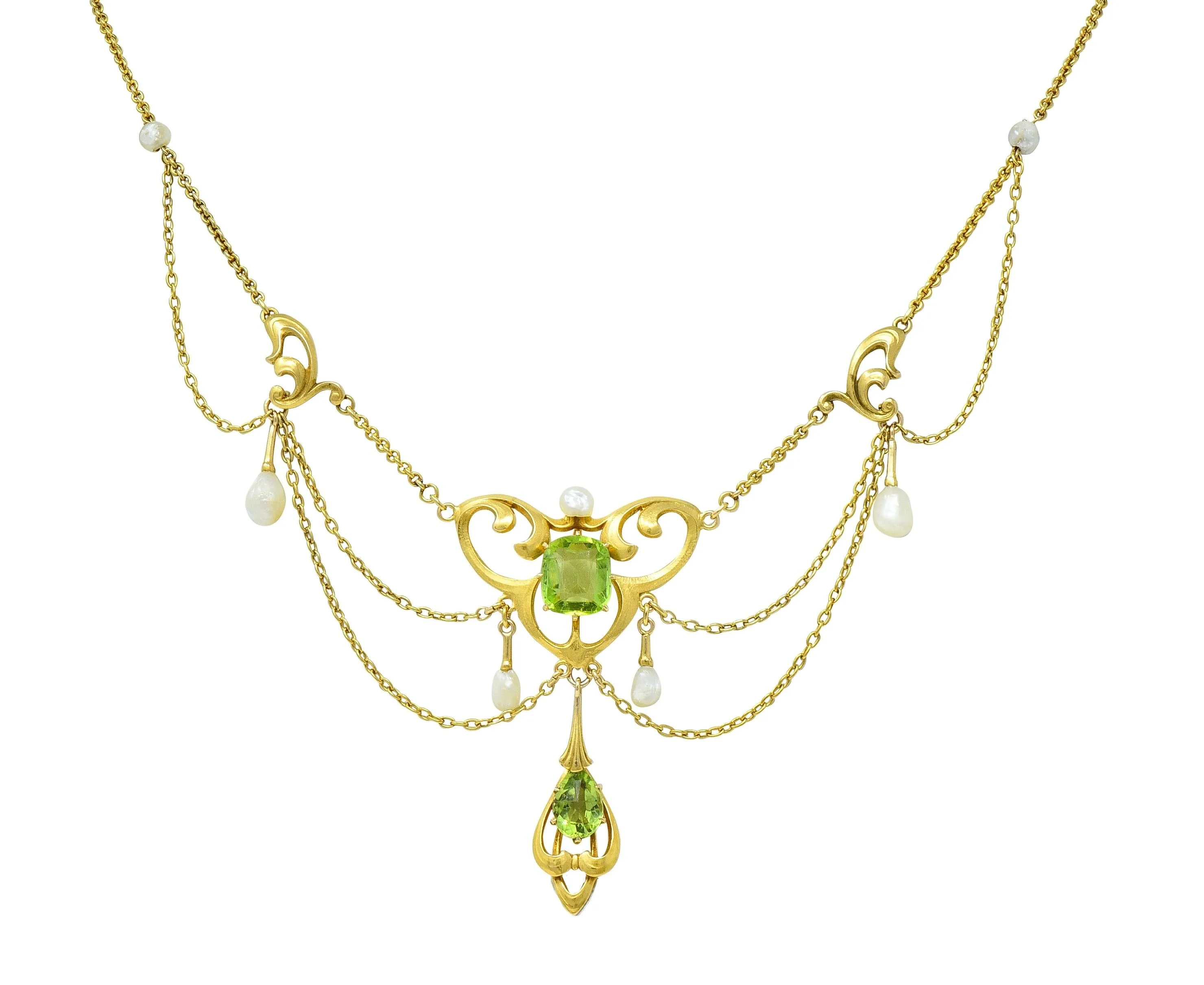 Edwardian Diamond Peridot Pearl Platinum 14 Karat Yellow Gold Antique Swagged Fringe Necklace