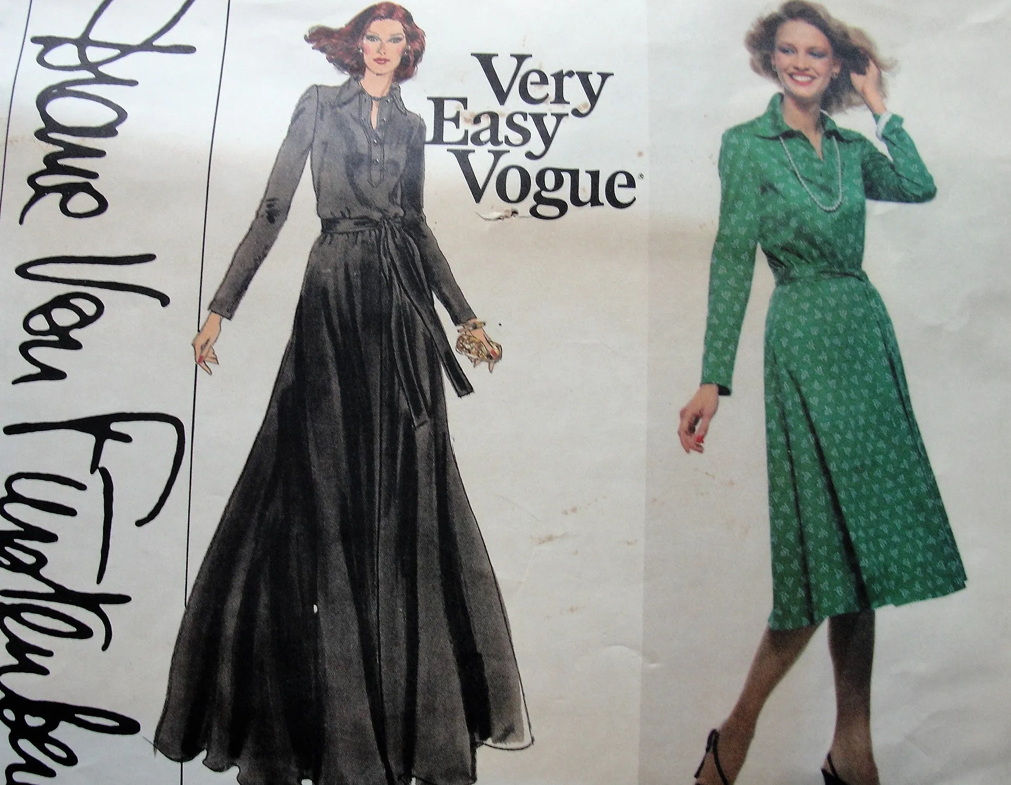 FAB 70s Diane Von Furstenberg Shirtwaist Dress Pattern,Very Easy Vogue 1730 Classy Tab Front, Pointed Collar,Flared Skirt,Fitted