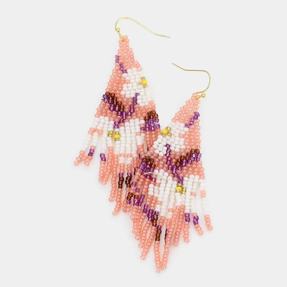 Flower Leaf Detailed Seed Beaded Fringe Dangle Earrings