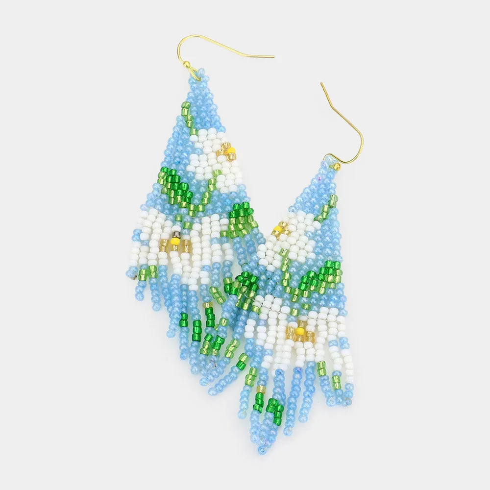 Flower Leaf Detailed Seed Beaded Fringe Dangle Earrings