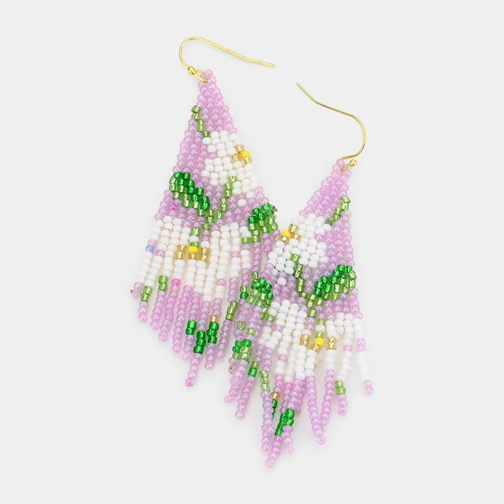 Flower Leaf Detailed Seed Beaded Fringe Dangle Earrings