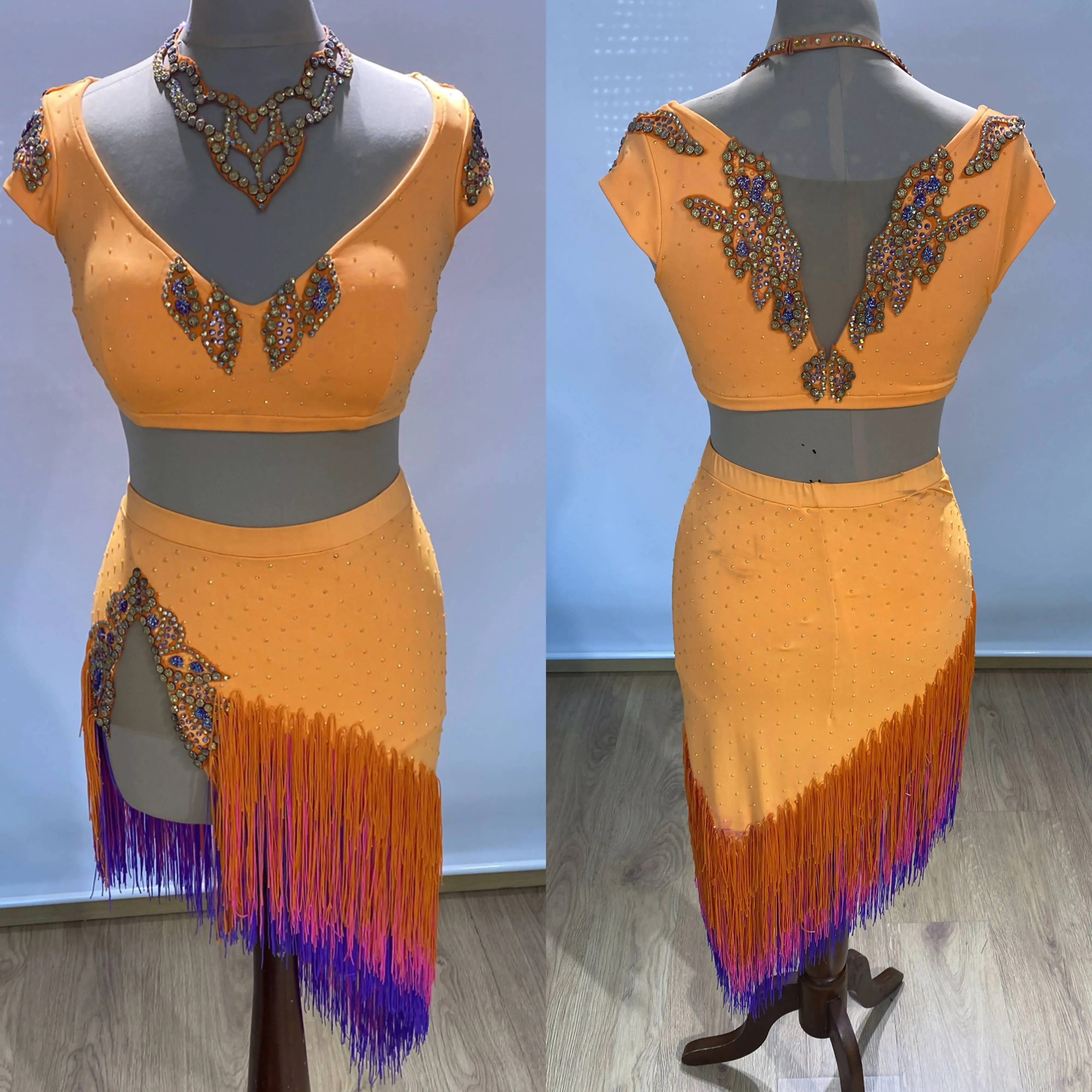 Fully Stoned Latin Dress with Fringes