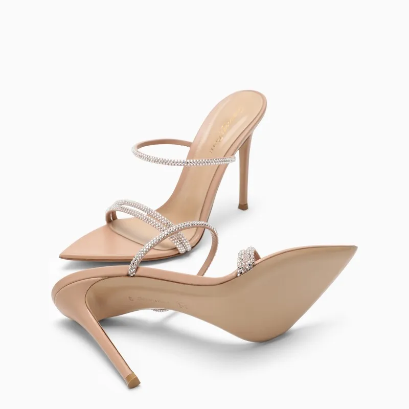 GIANVITO ROSSI Peach-Coloured Pointed Women's Sandals with Strass Straps