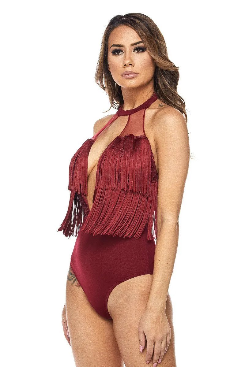 Glamorous Red Slay Fringe Bodysuit Top