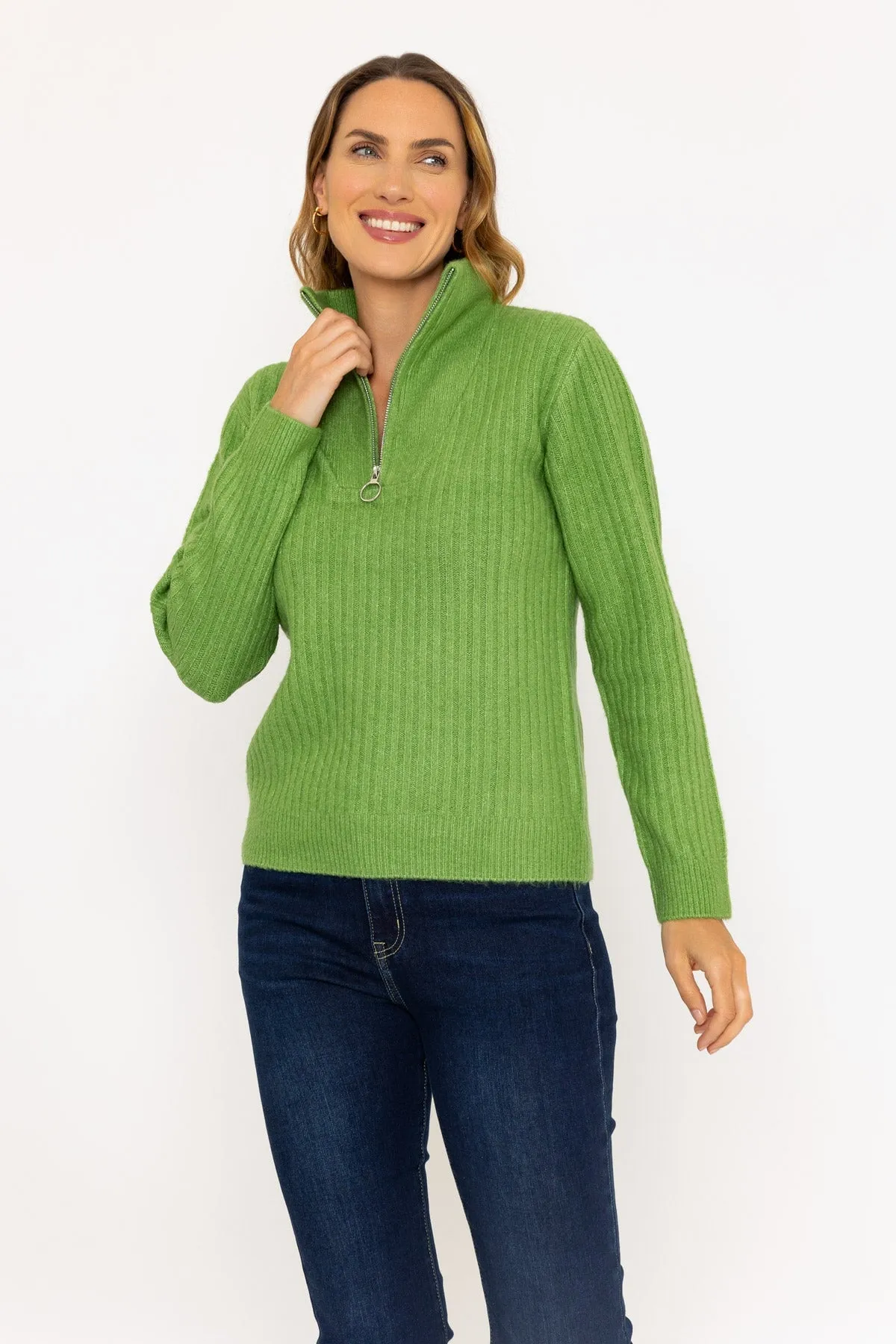 Green Cable Sleeve Knit Jumper with 1/4 Zip Detail