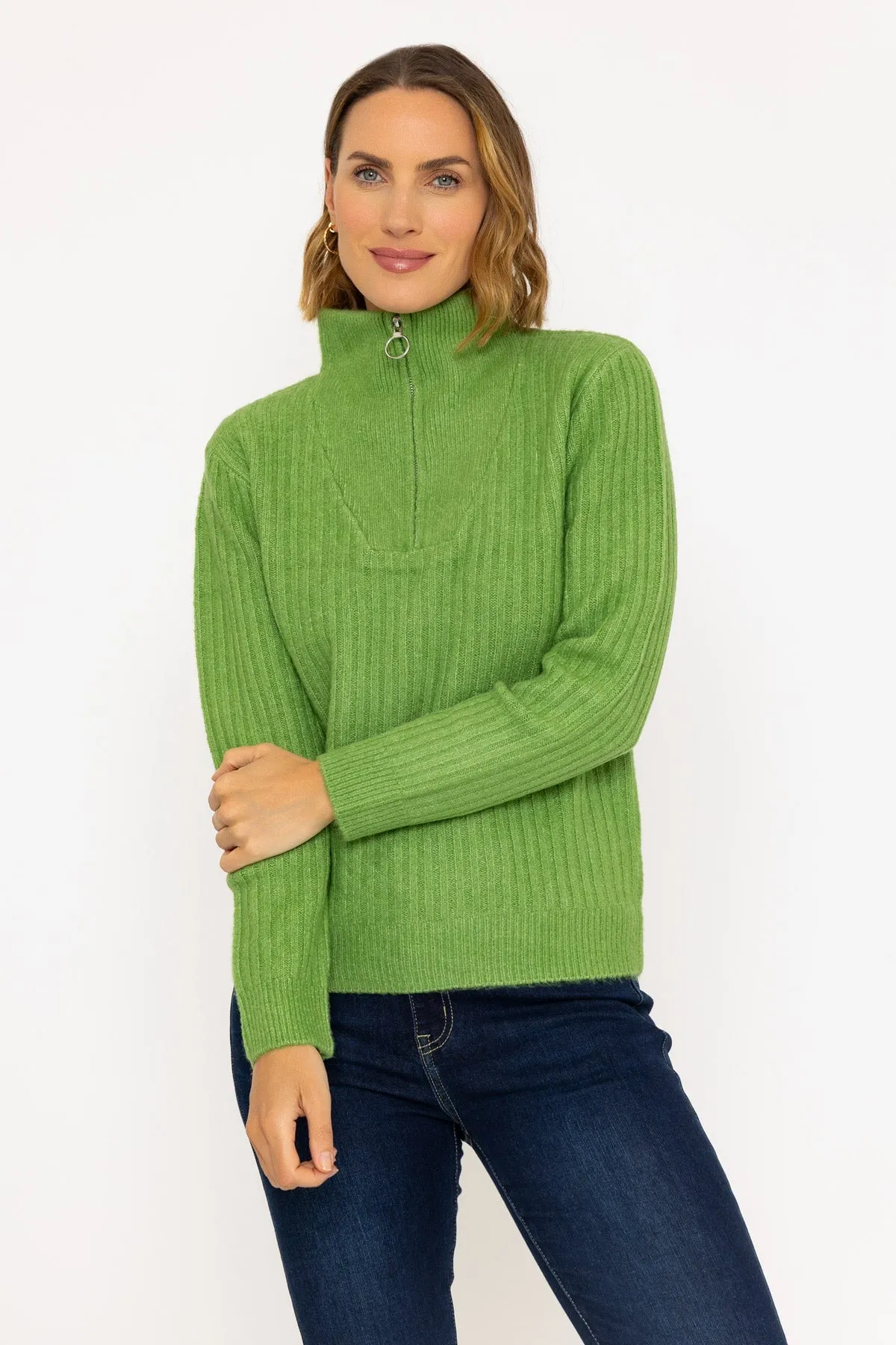 Green Cable Sleeve Knit Jumper with 1/4 Zip Detail