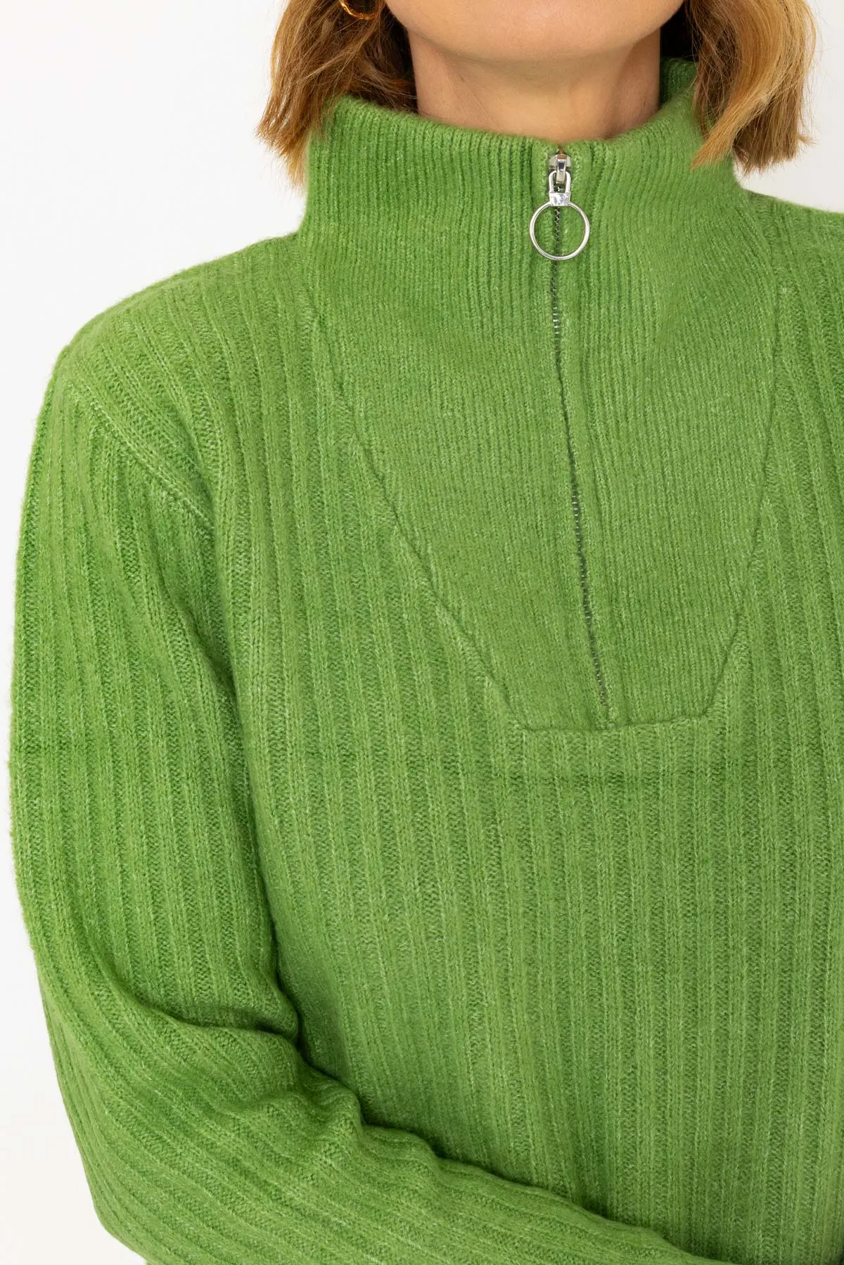 Green Cable Sleeve Knit Jumper with 1/4 Zip Detail