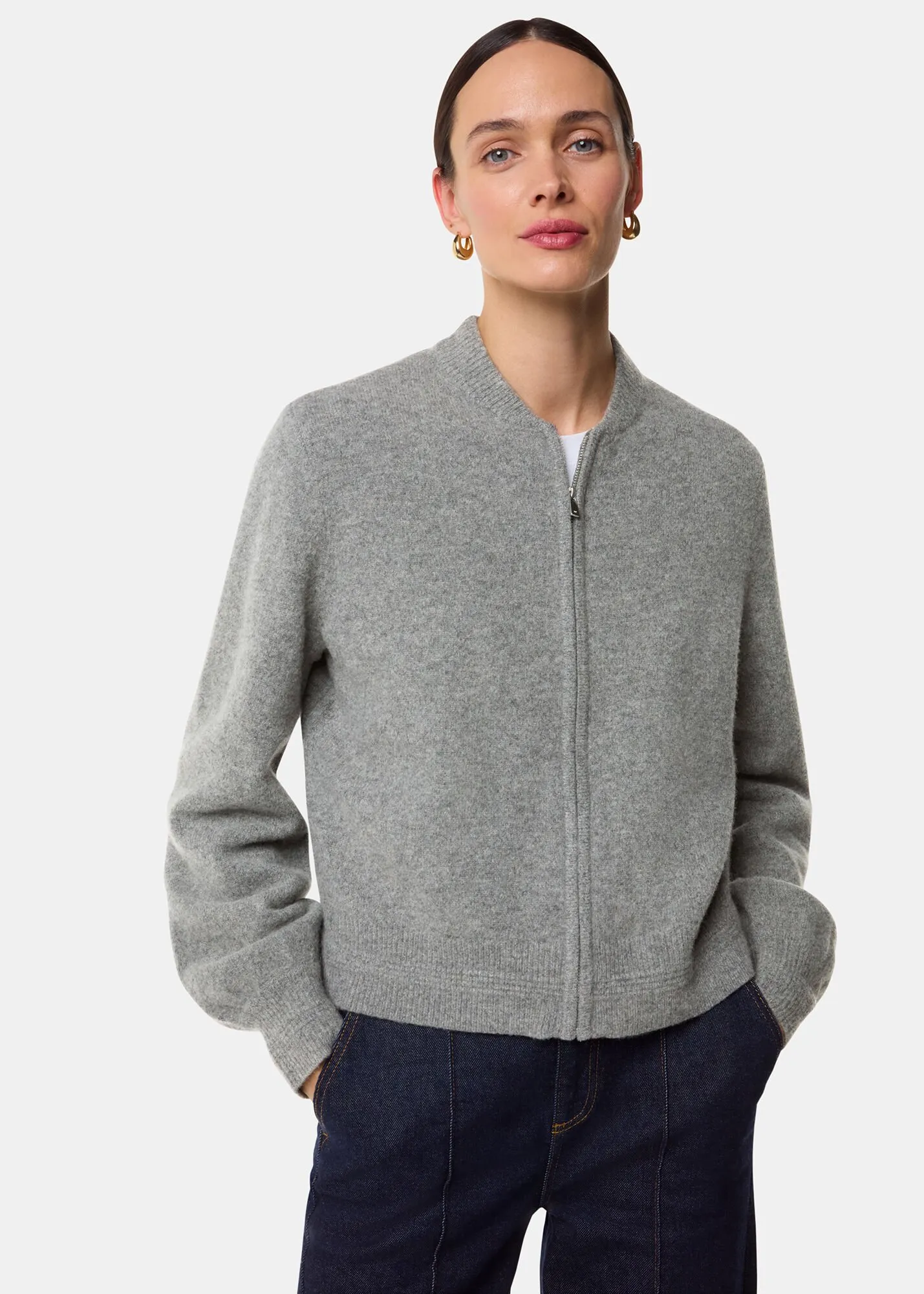 Grey Zip Front Bomber Knit