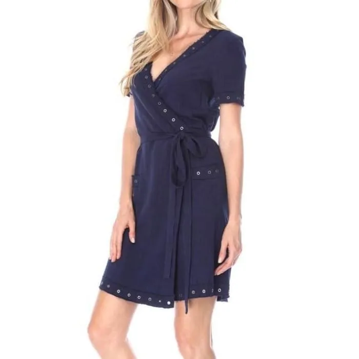 Grommet Trim Linen Blend Dress