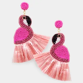 iLLASPARKZ Felt Back Raffia Fringe Beaded Flamingo Dangle Earrings