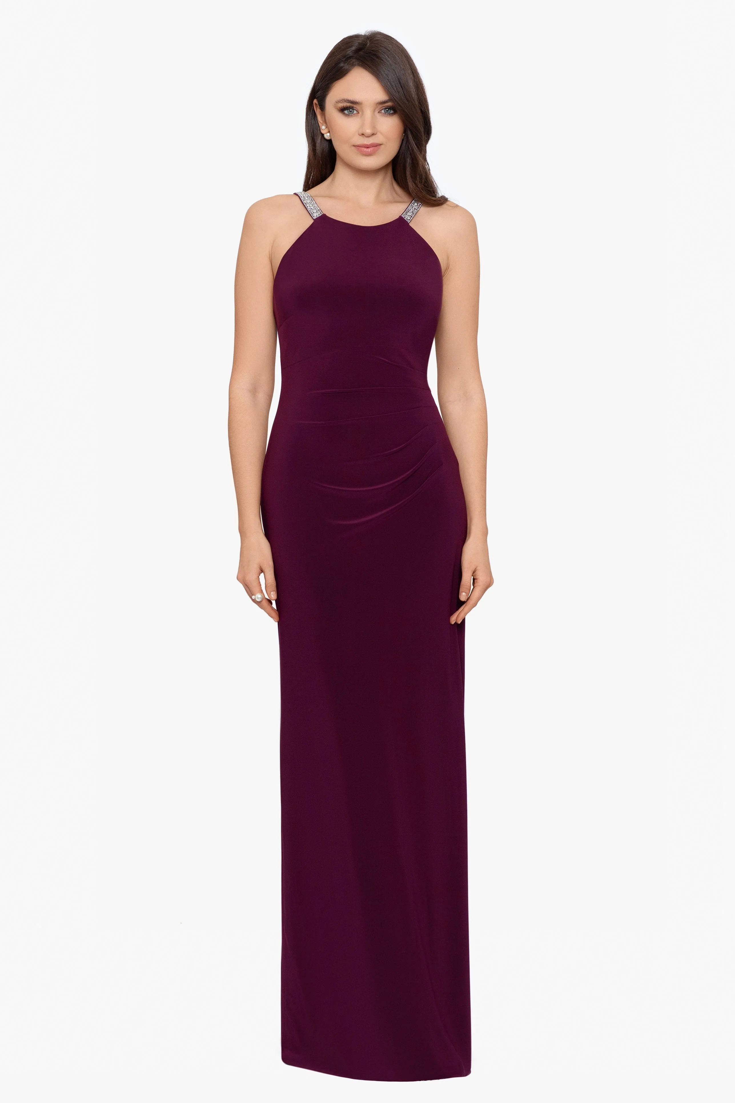 Jayleen High Neck Side Ruched Stretch Knit Gown