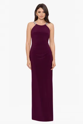 Jayleen High Neck Side Ruched Stretch Knit Gown