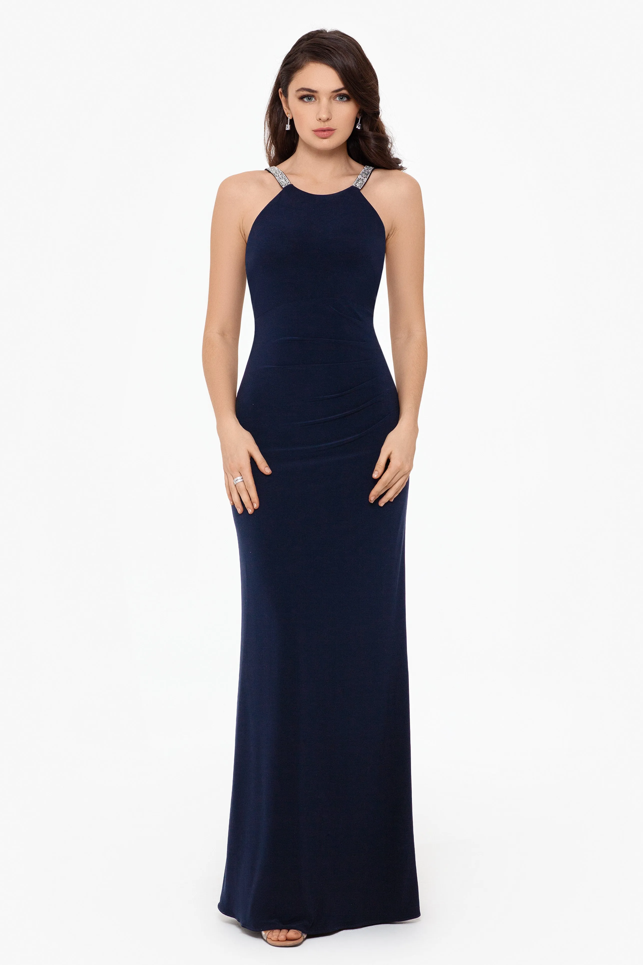 Jayleen High Neck Side Ruched Stretch Knit Gown