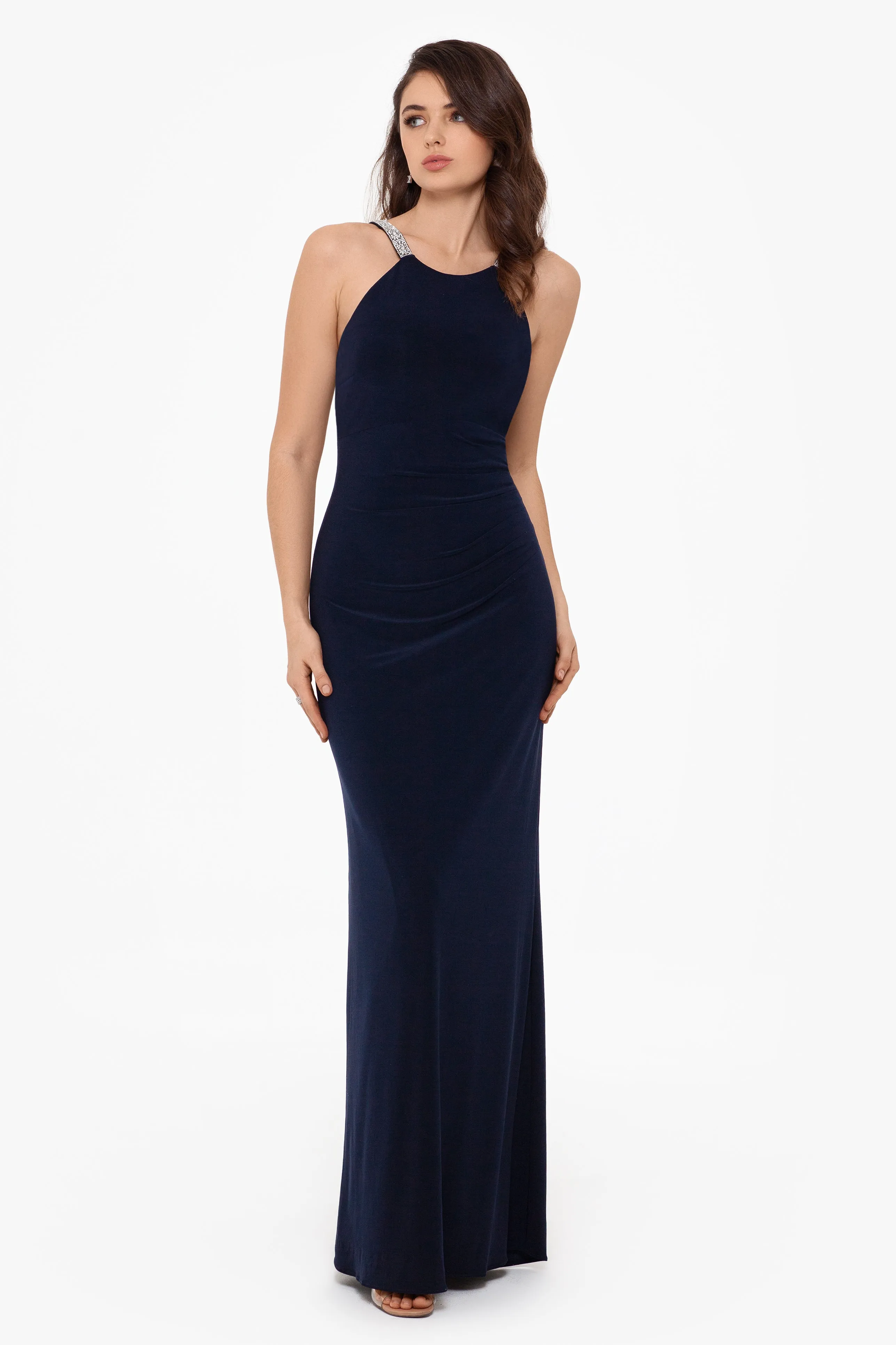 Jayleen High Neck Side Ruched Stretch Knit Gown